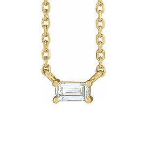 14K Yellow Solid Gold .07 CT Diamond Baguette Solitaire Necklace