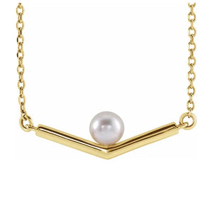 14K Yellow Solid Gold Cultured Akoya Pearl V 18" Necklace