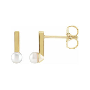 14K Yellow Solid Gold Cultured Seed Pearl Bar Earrings