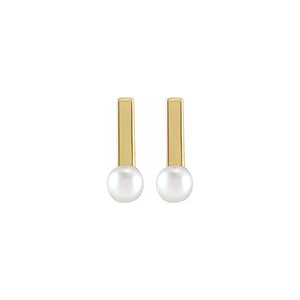 14K Yellow Solid Gold Cultured Seed Pearl Bar Earrings