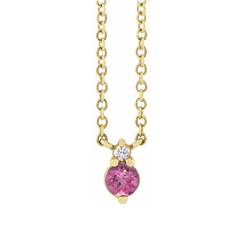 14K 純金 - 粉紅色藍寶石和 .015 CTW 鑽石 18 英寸項鍊