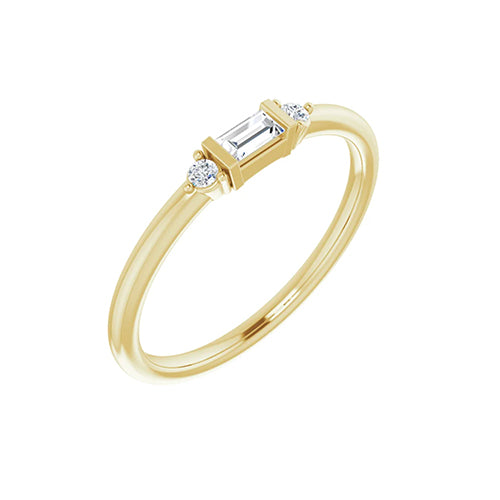 Baguette de oro amarillo sólido de 14 quilates de 1/8 CTW + anillo apilable de diamantes redondos