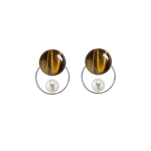Load image into Gallery viewer, Tiger&#39;s Eye Round + pearl Circle sterling silver earrings
