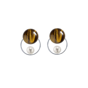 Tiger's Eye Round + pearl Circle sterling silver earrings