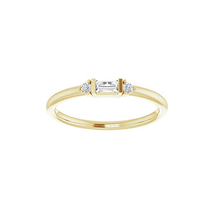 Baguette de oro amarillo sólido de 14 quilates de 1/8 CTW + anillo apilable de diamantes redondos