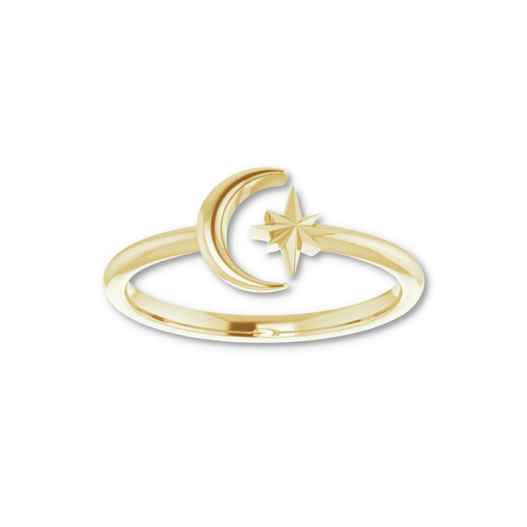Crescent Moon & Star Negative Space Ring