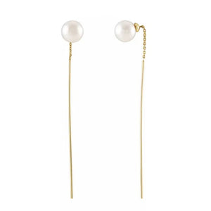 14K Yellow Solid Gold Pearl Threader Earrings