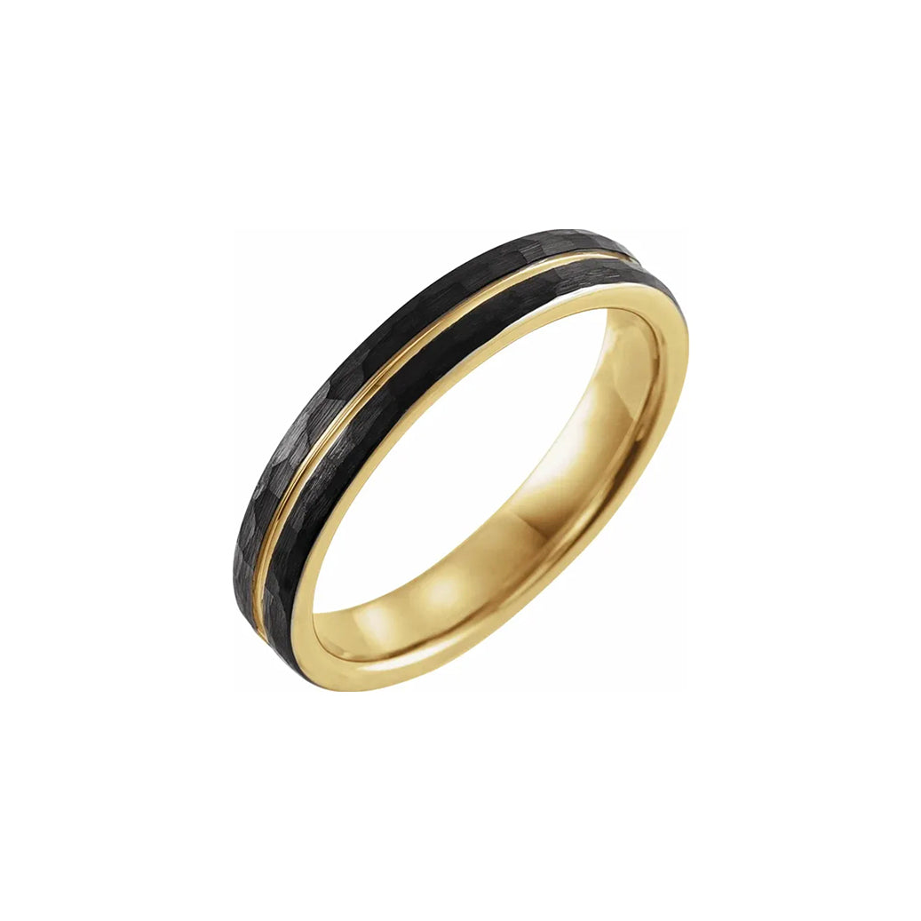 18K Yellow Gold PVD & Black PVD Tungsten Band With Hammer Finish