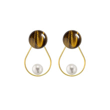 Load image into Gallery viewer, Tiger&#39;s Eye Round + Freshwater pearl teardrop 14/20 GF earrings
