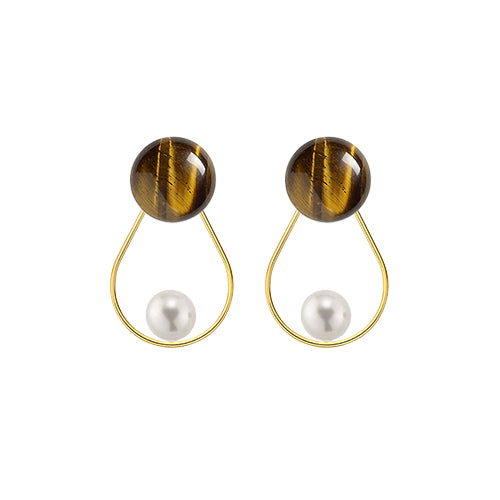 Tiger's Eye Round + Freshwater pearl teardrop 14/20 GF earrings