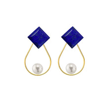 Load image into Gallery viewer, Lapis Lazuli Square + freshwater pearl teardrop earrings
