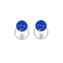 Load image into Gallery viewer, Lapis Lazuli Flat-Round + Pearl + Circle Sterling Silver Earrings
