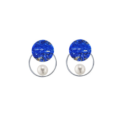 Lapis Lazuli Flat-Round + Pearl + Circle Sterling Silver Earrings