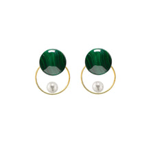 Load image into Gallery viewer, Malachite Round + Pearl + Circle 14/20 GF Earrings

