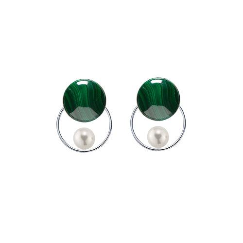 Malachite Round + Pearl + Circle Sterling Silver Earrings