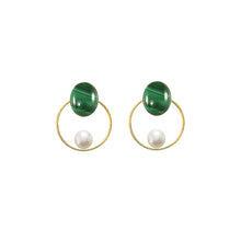 Load image into Gallery viewer, Malachite Oval + Pearl + Circle 14/20 GF Earrings
