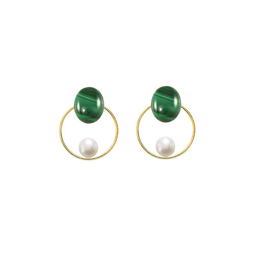 Malachite Oval + Pearl + Circle 14/20 GF Earrings