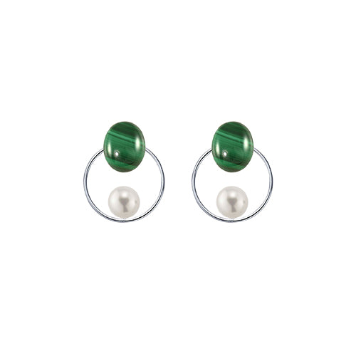Malachite Oval + Pearl + Circle Sterling Silver Earrings
